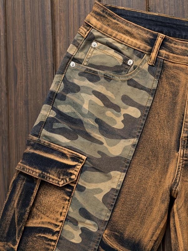 Jeanși din denim cu patchwork și imprimeu camuflaj - croială dreaptă, talie joasă, fermoar