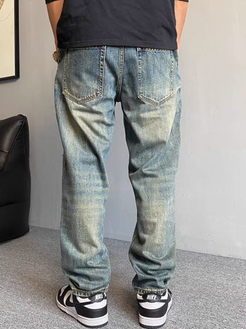 Дънки с прав крак, деним с разкъсани петна и патчове, тежък памук, средна талия, цип