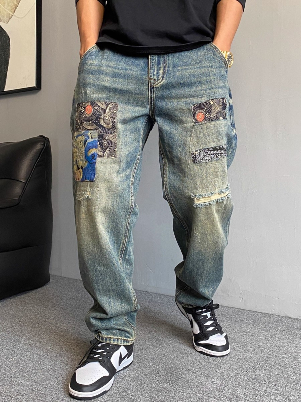 Blugi bărbați drepti, denim cu patchuri uzate, bumbac greu, talie medie, fermoar