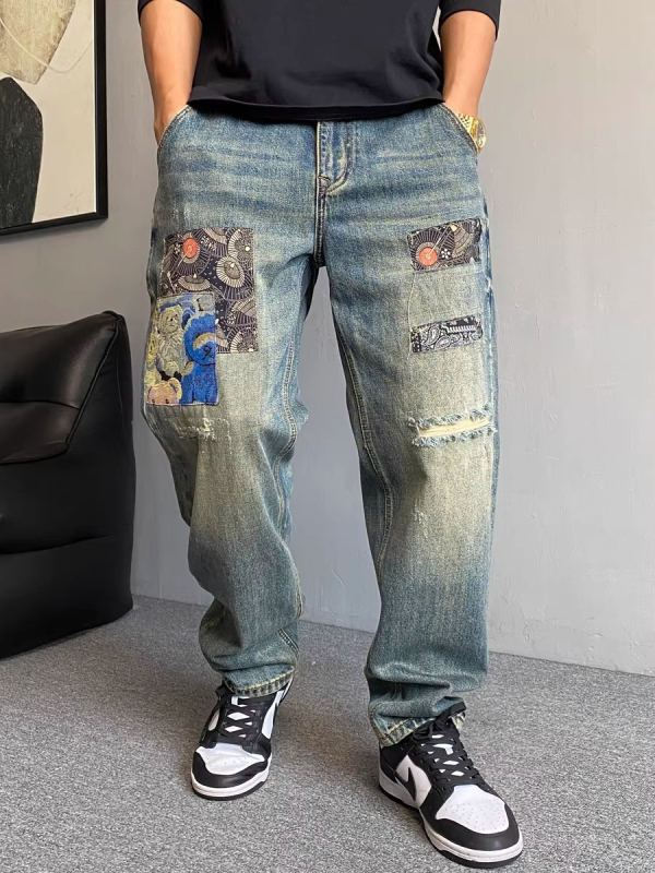 Blugi bărbați drepti, denim cu patchuri uzate, bumbac greu, talie medie, fermoar