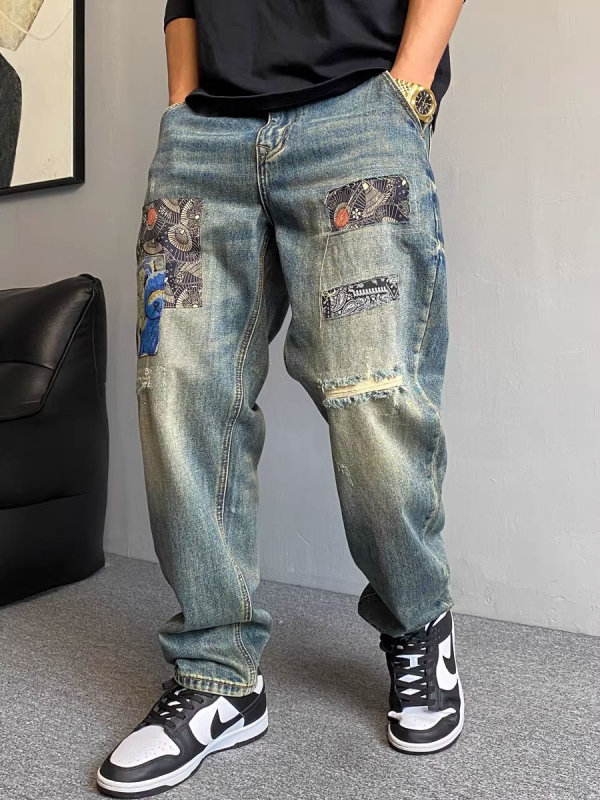 Blugi bărbați drepti, denim cu patchuri uzate, bumbac greu, talie medie, fermoar
