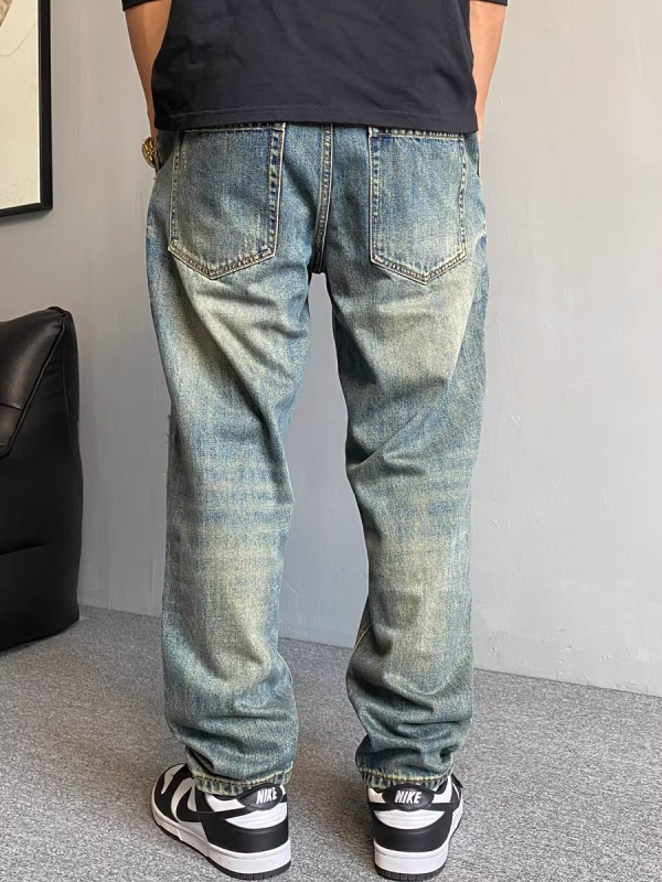 Blugi bărbați drepti, denim cu patchuri uzate, bumbac greu, talie medie, fermoar