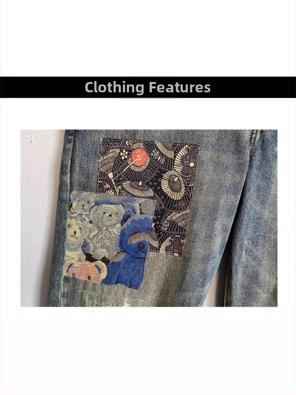 Džíny s rovnými nohami, denim s patinou a patchmi, ťažká bavlna, stredná výška pásu, zips