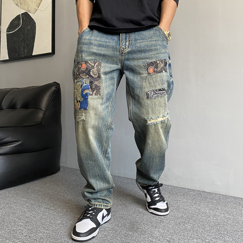 Blugi bărbați drepti, denim cu patchuri uzate, bumbac greu, talie medie, fermoar