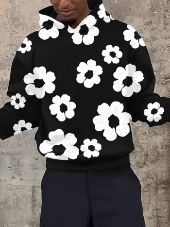 Džemperis ar kapuci, brīvs piegriezums, ziedu raksts, poliesters 96%+, svars 250–300 g