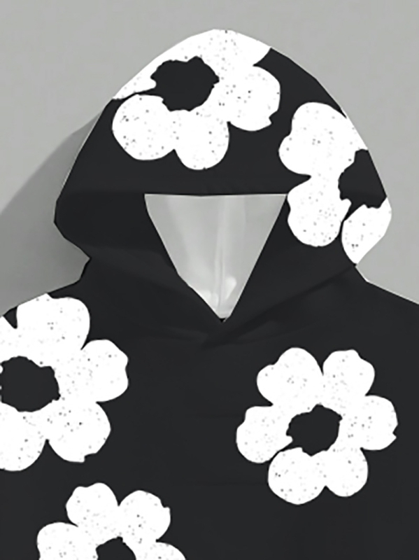 Džemperis ar kapuci, brīvs piegriezums, ziedu raksts, poliesters 96%+, svars 250–300 g