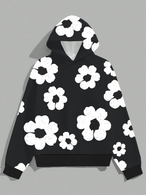 Džemperis ar kapuci, brīvs piegriezums, ziedu raksts, poliesters 96%+, svars 250–300 g