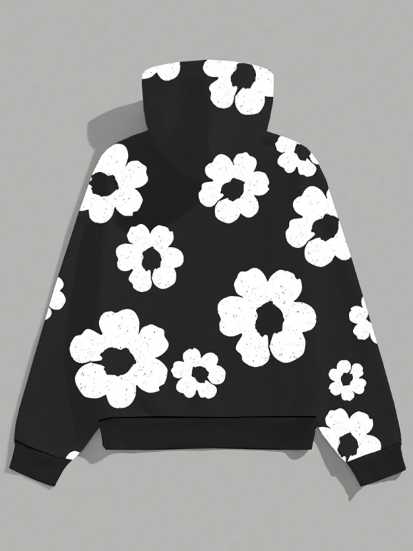 Džemperis ar kapuci, brīvs piegriezums, ziedu raksts, poliesters 96%+, svars 250–300 g