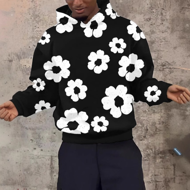 Džemperis ar kapuci, brīvs piegriezums, ziedu raksts, poliesters 96%+, svars 250–300 g