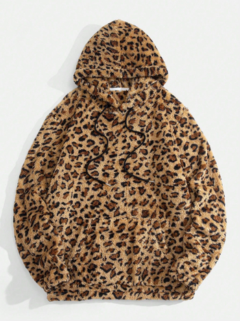 Мъжки суитшърт с леопардов принт, качулка – дебел плат, ацетат 51–70% и полиестер тъкан, пролет 2024