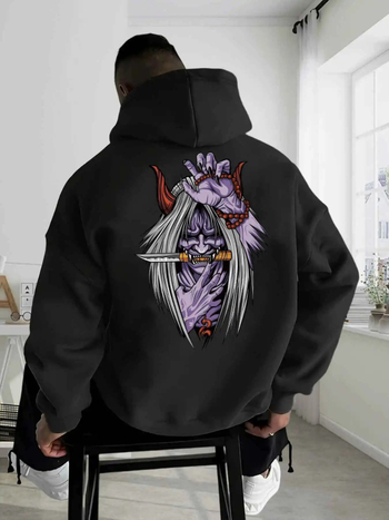 Kapucēta džemperis ar anime ninja motīvu un pūķa zīmējumu — poliesters, garās piedurknes, ultra īss griezums