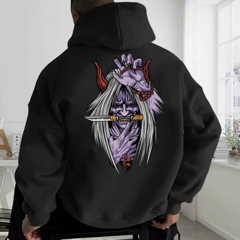 Kapucēta džemperis ar anime ninja motīvu un pūķa zīmējumu — poliesters, garās piedurknes, ultra īss griezums