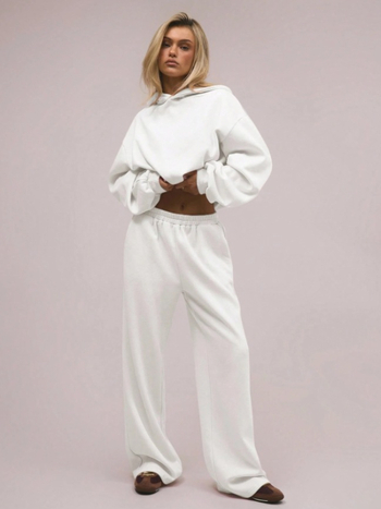 Σετ φούτερ με κουκούλα για φθινόπωρο-χειμώνα και παντελόνια wide-leg, Terry ύφασμα, 95%+ πολυεστέρας με σπαντέξ, μακριά μανίκια, μακριά παντελόνια, γυναικείο