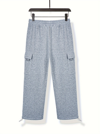 Ανδρικά παντελόνια εργασίας casual - χαλαρή γραμμή, επενδυμένα με φλίς, με κορδόνι στη μέση, ίσιο παντελόνι, πολλά τσεπάκια, για τον χειμώνα