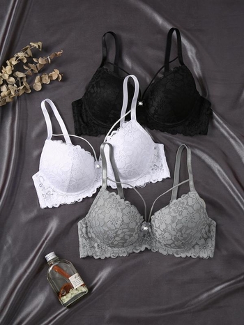 3 τεμάχια γυναικείων push-up σουτιέν με floral δαντέλα, μαλακή επένδυση