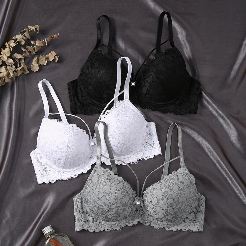 3 komplekti sieviešu push-up krūšturis ar ziedu mežģīnēm, mīksta odere, kokvilna