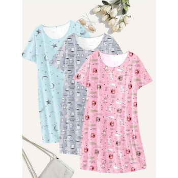 Σετ γυναικείων 3 τεμαχίων νυχτικών για ύπνο, άνετη γραμμή, βαμβάκι με Half-side Fleece, στρογγυλό λαιμό, λανσάρισμα Άνοιξη 2025