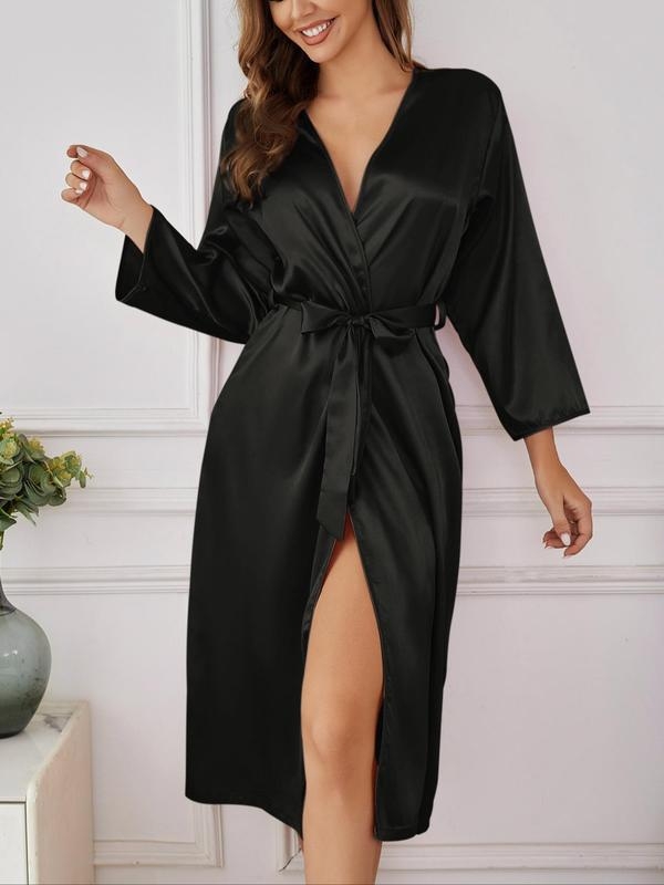 Halat femei satinat cu decolteu în V, cu curea, lung — Material principal: Bumbac; Nume material: Half-side Fleece; Stil: Sexy; Lansare: Primăvara 2025; Conținut material: Sub 30%