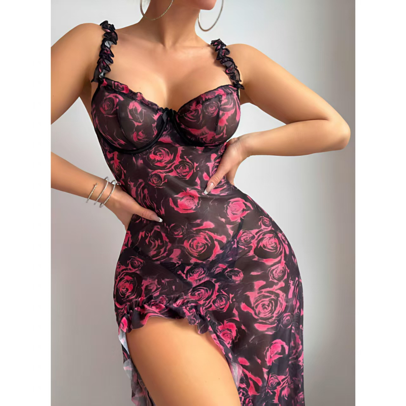 Sieviešu mežģīņu slip kleita, gara, caurspīdīga ar drukātu rakstu, pielāgota silueta, poliester 50–70%