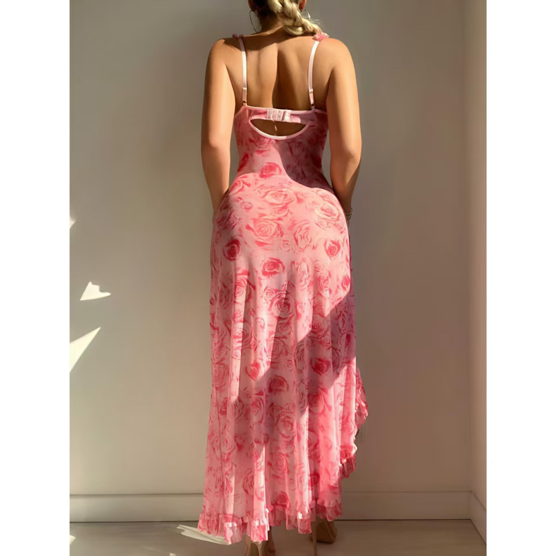 Sieviešu mežģīņu slip kleita, gara, caurspīdīga ar drukātu rakstu, pielāgota silueta, poliester 50–70%