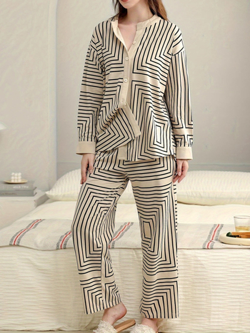 Sieviešu ikdienas komplekts mājas apstākļiem - top ar garām piedurknēm un bikses, svītraini print, poliesters ≥95%, japāņu/korejiešu ikdienas stils