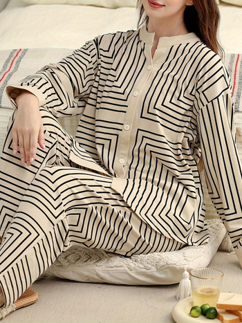 Γυναικείος σετ άνεσης για οικιακή χρήση - τοπ με μακρύ μανίκι και παντελόνια, ριγέ εκτύπωση, πολυεστέρας ≥95%, ιαπωνοκορεατικό casual στυλ