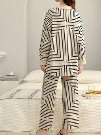 Γυναικείος σετ άνεσης για οικιακή χρήση - τοπ με μακρύ μανίκι και παντελόνια, ριγέ εκτύπωση, πολυεστέρας ≥95%, ιαπωνοκορεατικό casual στυλ