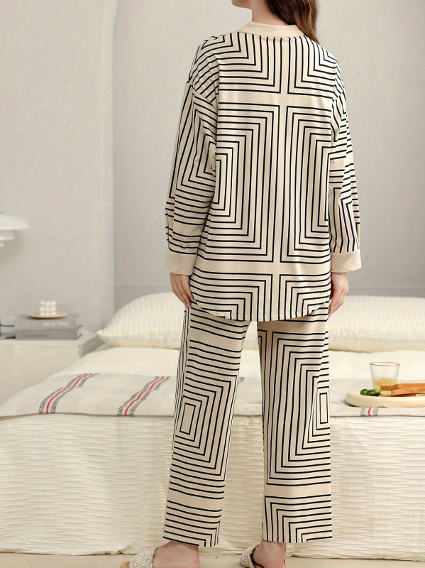 Sieviešu ikdienas komplekts mājas apstākļiem - top ar garām piedurknēm un bikses, svītraini print, poliesters ≥95%, japāņu/korejiešu ikdienas stils