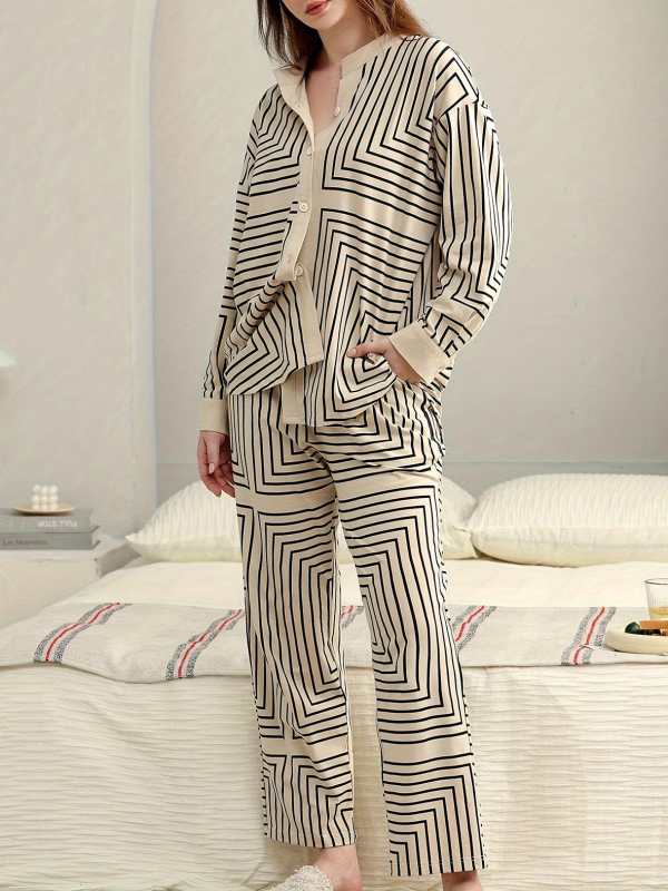 Sieviešu ikdienas komplekts mājas apstākļiem - top ar garām piedurknēm un bikses, svītraini print, poliesters ≥95%, japāņu/korejiešu ikdienas stils