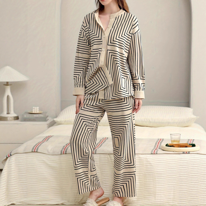 Sieviešu ikdienas komplekts mājas apstākļiem - top ar garām piedurknēm un bikses, svītraini print, poliesters ≥95%, japāņu/korejiešu ikdienas stils