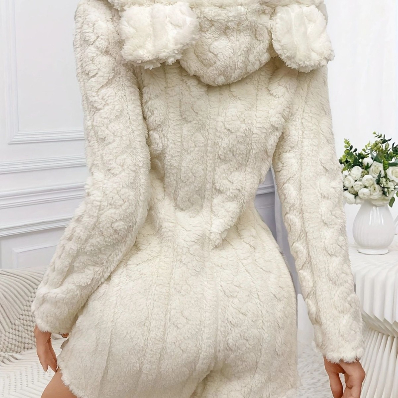 Női kapucnis flanell alapú overál pizsama, vastag anyag, 100% poliészter, cipzáras zárás, téli alvóruha