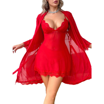 Σετ εσωρούχων από δαντέλα και διάφανη δίκτυα – τριών τεμαχίων με ρόμπα, φόρεμα με τιράντες και στρινγκ T-back, πολυεστέρας