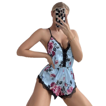 Ολόσωμο σατέν jumpsuit με φλοράλ εκτύπωση, ανοιχτή πλάτη με τιράντες, χωρίς μανίκια, V-ντεκολτέ