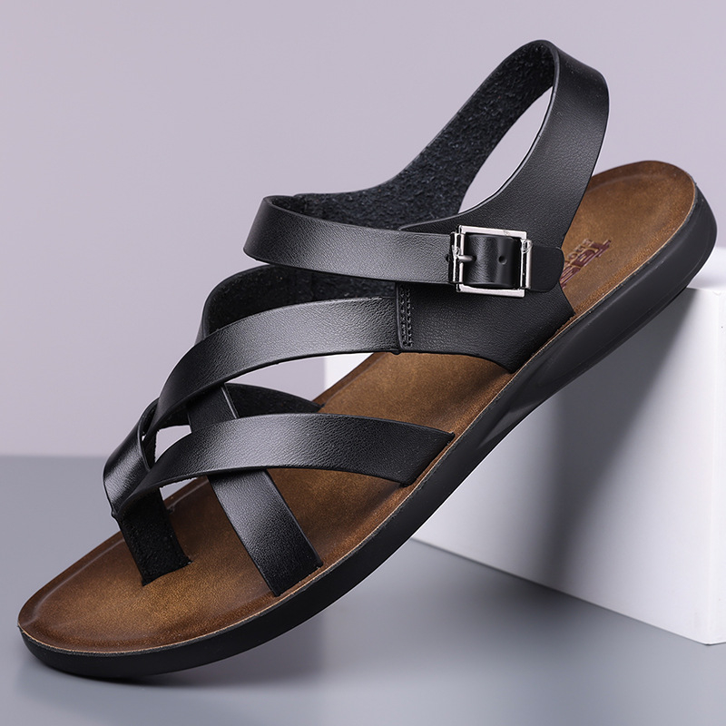 Sandale de plajă pentru bărbați - partea superioară din PU respirabilă, talpă din cauciuc, închidere cu cataramă, stil coreean, pentru exterior, vara 2025