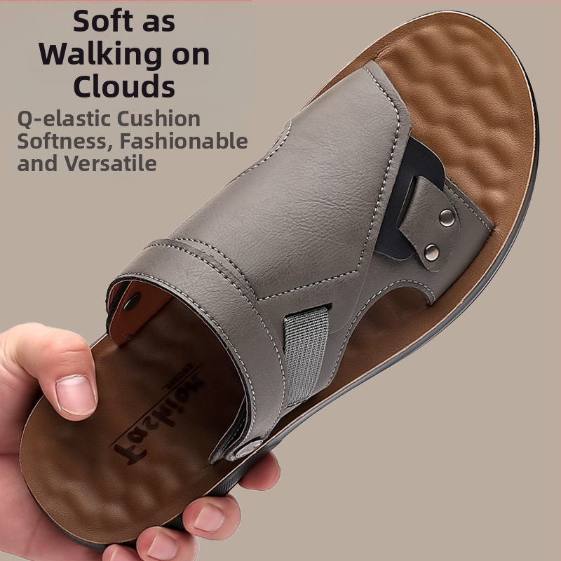 Sandale pentru bărbați - plajă cu deget deschis, vamp din piele microfibră, talpă din PU, respirabile, antiderapante