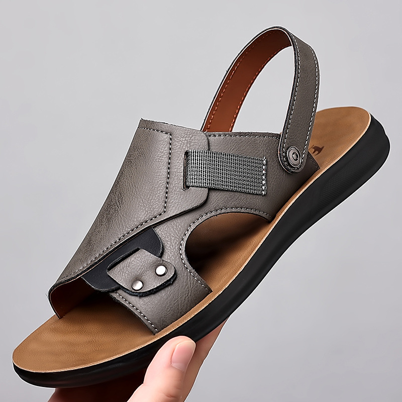 Sandale pentru bărbați - plajă cu deget deschis, vamp din piele microfibră, talpă din PU, respirabile, antiderapante