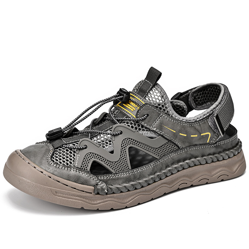 Sandale pentru bărbați, din piele microfibră, talpă din cauciuc, vârf închis, închidere cu bandă elastică, respirante și antiderapante