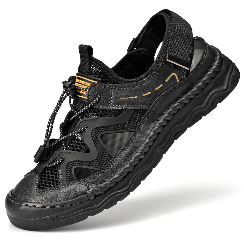 Sandale pentru bărbați, din piele microfibră, talpă din cauciuc, vârf închis, închidere cu bandă elastică, respirante și antiderapante