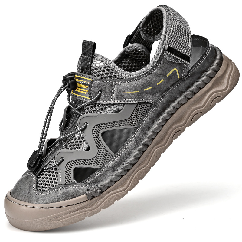 Sandale pentru bărbați, din piele microfibră, talpă din cauciuc, vârf închis, închidere cu bandă elastică, respirante și antiderapante