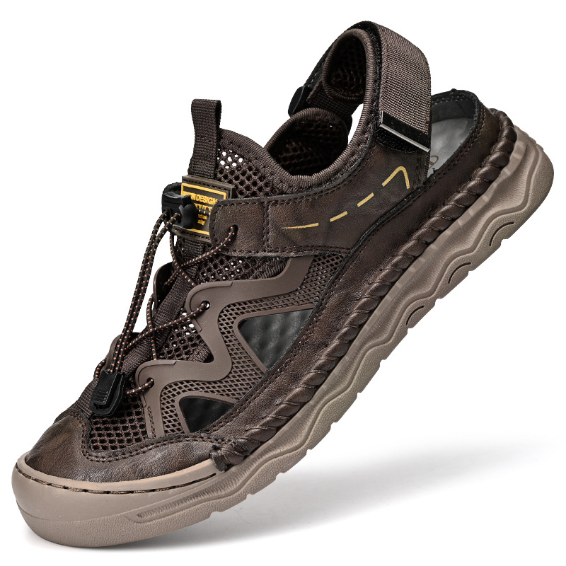 Sandale pentru bărbați, din piele microfibră, talpă din cauciuc, vârf închis, închidere cu bandă elastică, respirante și antiderapante