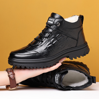 Ghete de iarnă pentru bărbați din piele de top, înalte, căptușite, talpă din cauciuc, vârf rotund, șireturi