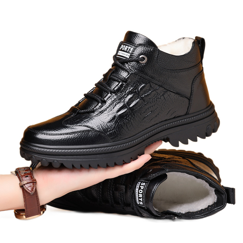 Ghete de iarnă pentru bărbați din piele de top, înalte, căptușite, talpă din cauciuc, vârf rotund, șireturi