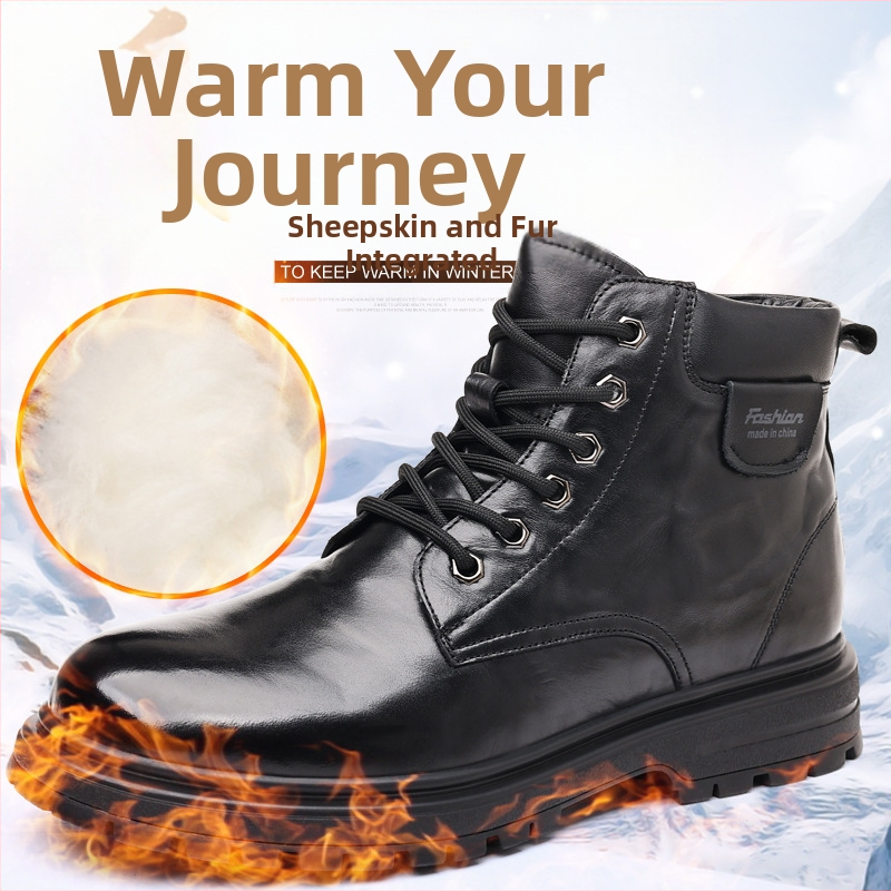 Martin bakancs férfiaknak, téli magas bőr csizma shearling béléssel, oldalsó cipzár, középmagas szár, gumírozott talp