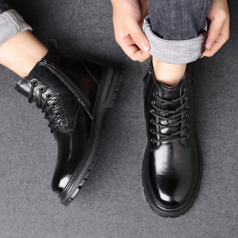 Martin bakancs férfiaknak, téli magas bőr csizma shearling béléssel, oldalsó cipzár, középmagas szár, gumírozott talp