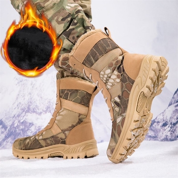 Ghete de iarnă cu căptușeală din fleece, înalte, camuflate, pentru drumeții în aer liber – partea superioară din materiale multiple, închidere cu cataramă rotativă, toc mic 1-3 cm