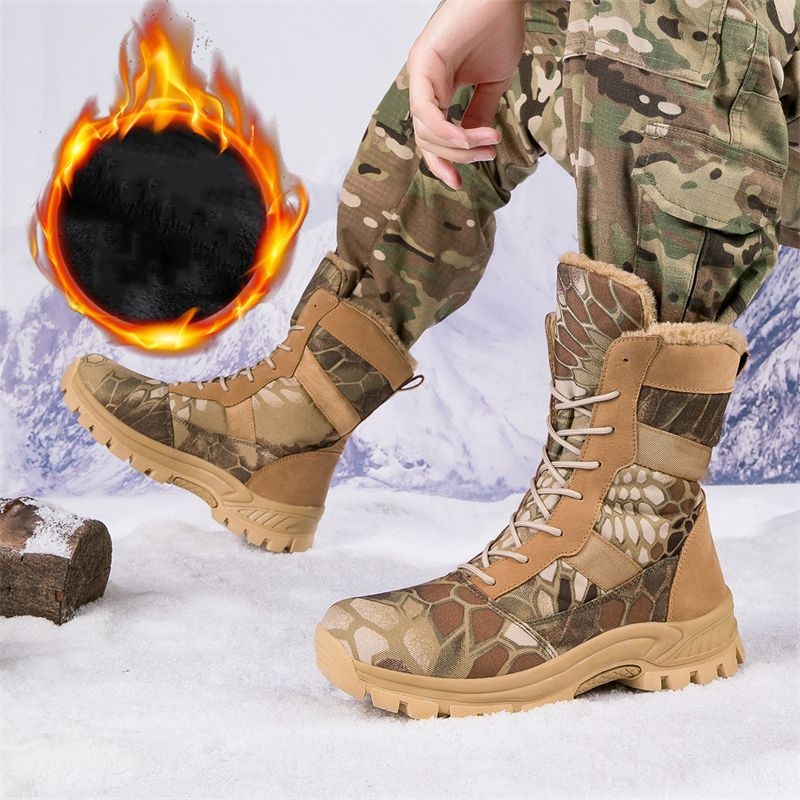 Ghete de iarnă cu căptușeală din fleece, înalte, camuflate, pentru drumeții în aer liber – partea superioară din materiale multiple, închidere cu cataramă rotativă, toc mic 1-3 cm