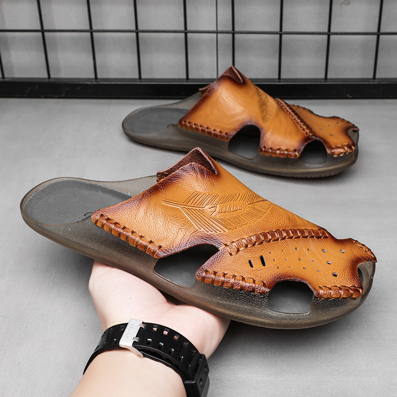 Férfiaknak készült légáteresztő, kézzel készített bőrszandál, gumírozott talppal, strandszerű stílus