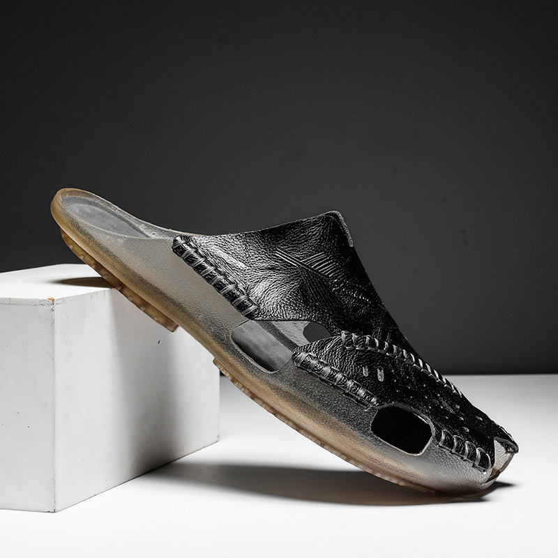 Férfiaknak készült légáteresztő, kézzel készített bőrszandál, gumírozott talppal, strandszerű stílus