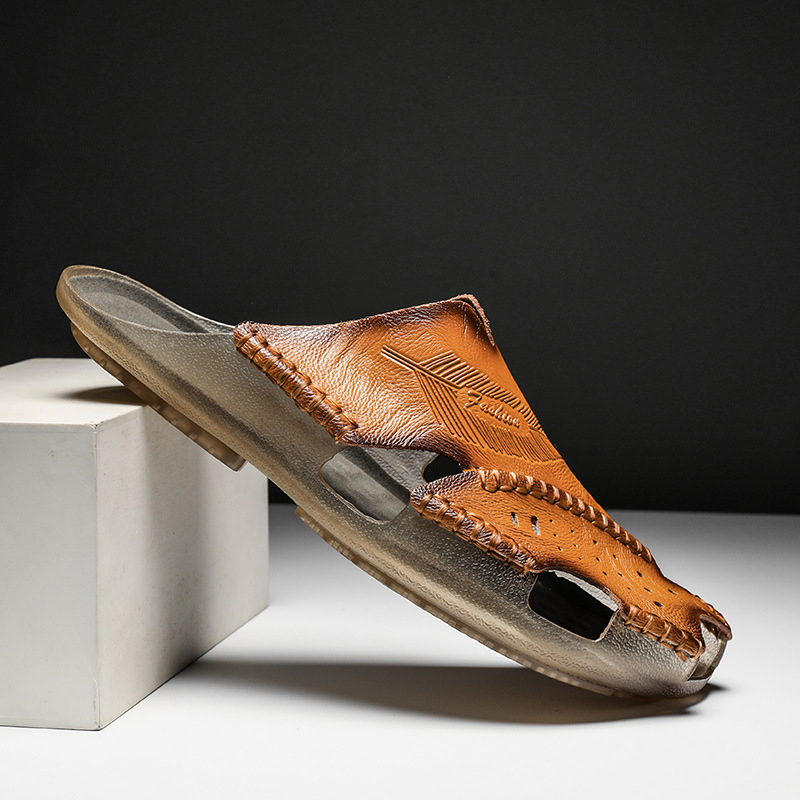 Férfiaknak készült légáteresztő, kézzel készített bőrszandál, gumírozott talppal, strandszerű stílus