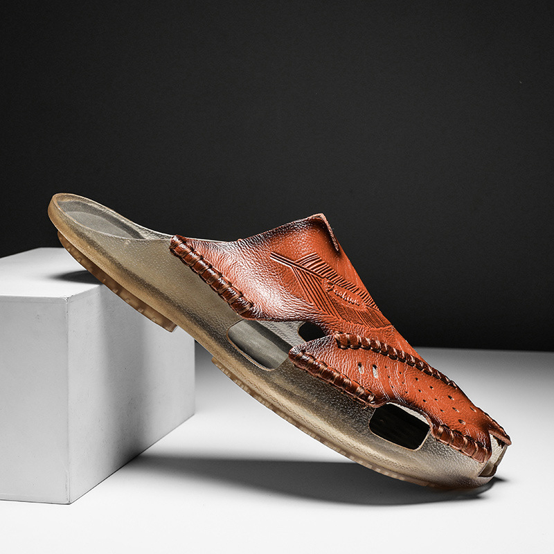 Férfiaknak készült légáteresztő, kézzel készített bőrszandál, gumírozott talppal, strandszerű stílus